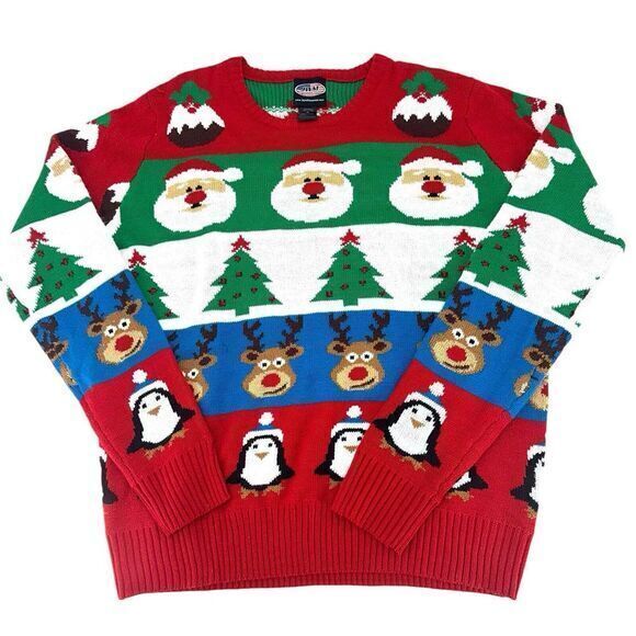 JWM Ugly Christmas Sweater‎ Reindeer Santa Penguins Trees 100% Acrylic Men's XL - Picture 1 of 8